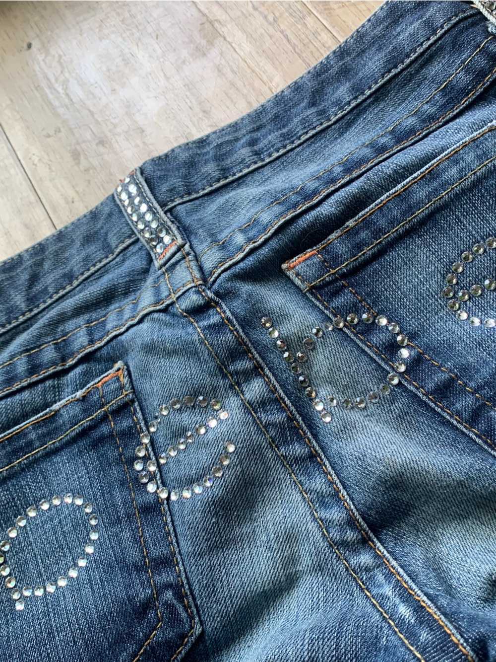 bebe Denim Flare Jeans with Rhinestone Back Pocket Detail - Blue